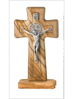 CROCE IN LEGNO D'ULIVO E ARGENTO CM 12 CON BASE