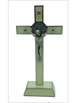 CROCE S. BENEDETTO CM 20 CON BASE SMALTATA FLUORESCENTE CRISTO IN METALLO