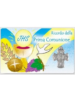 CARD PLASTIFICATA PRIMA COMUNIONE CON CROCE IN METALLO