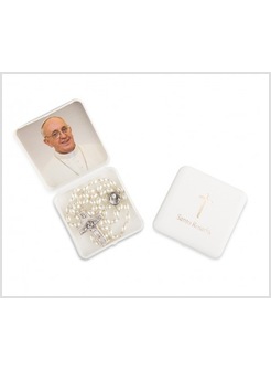 ROSARIO CHICCO DI RISO BIANCO MM 6 X 8 CON CROCE PAPA FRANCESCO IN ASTUCCIO