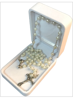 ROSARIO PERLA BIANCA 6 MM CON SCATOLA BIANCA/NERA CM 10 X 7